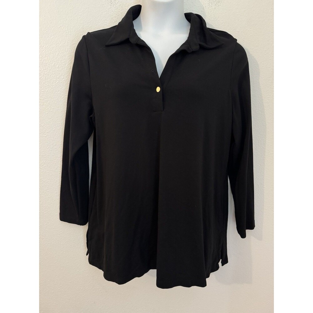 Chico's Women's Knit Top Sleeve Blouse Size 3/ XL Collar Button Tunic Office EUC